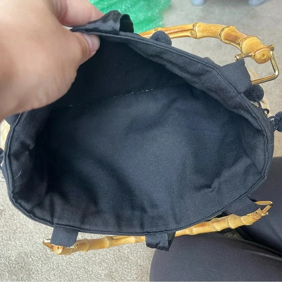 Gingham Yellow Bag with Embroidered Bees and Bamboo Handles - Picture 3 of 5